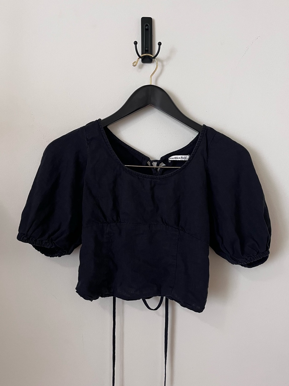 Abercrombie & Fitch Puff Sleeve Corset Lace Up Back Cropped Top in Black XS